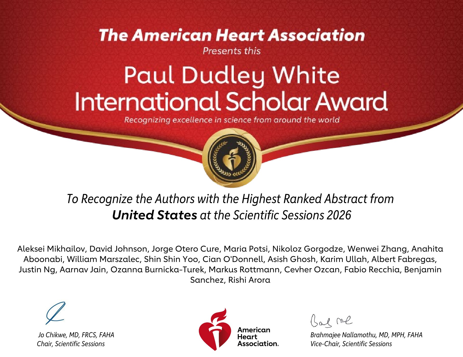 American Heart Association 2026 award for the highest-ranking abstract from the United States