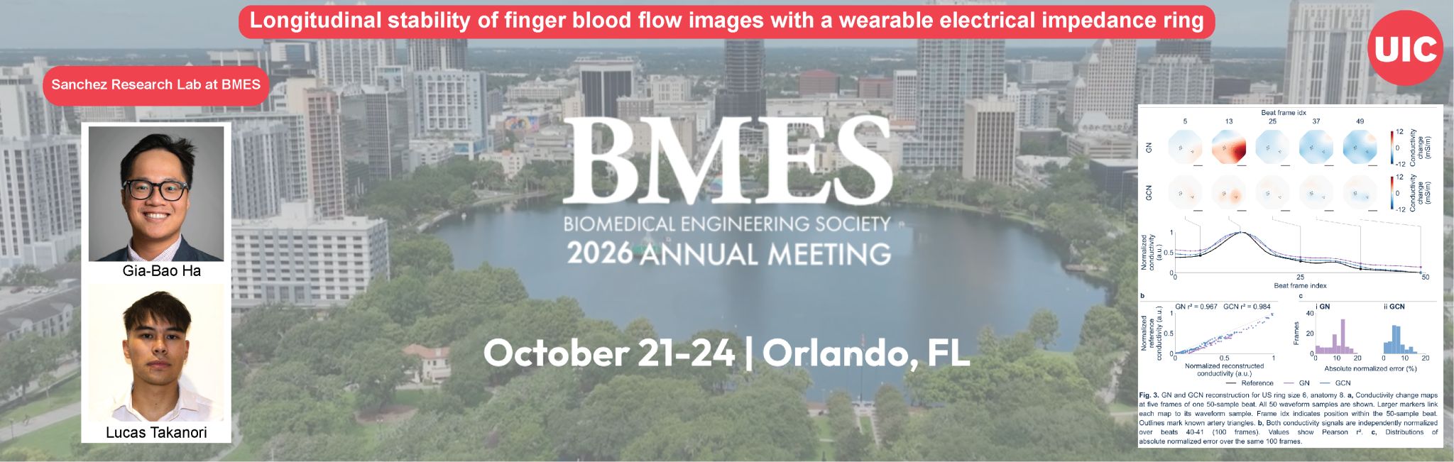 Sanchez Research Lab at BMES 2026: Gia-Bao Ha and Lucas Takanori presenting research on finger blood flow imaging with a wearable electrical impedance ring